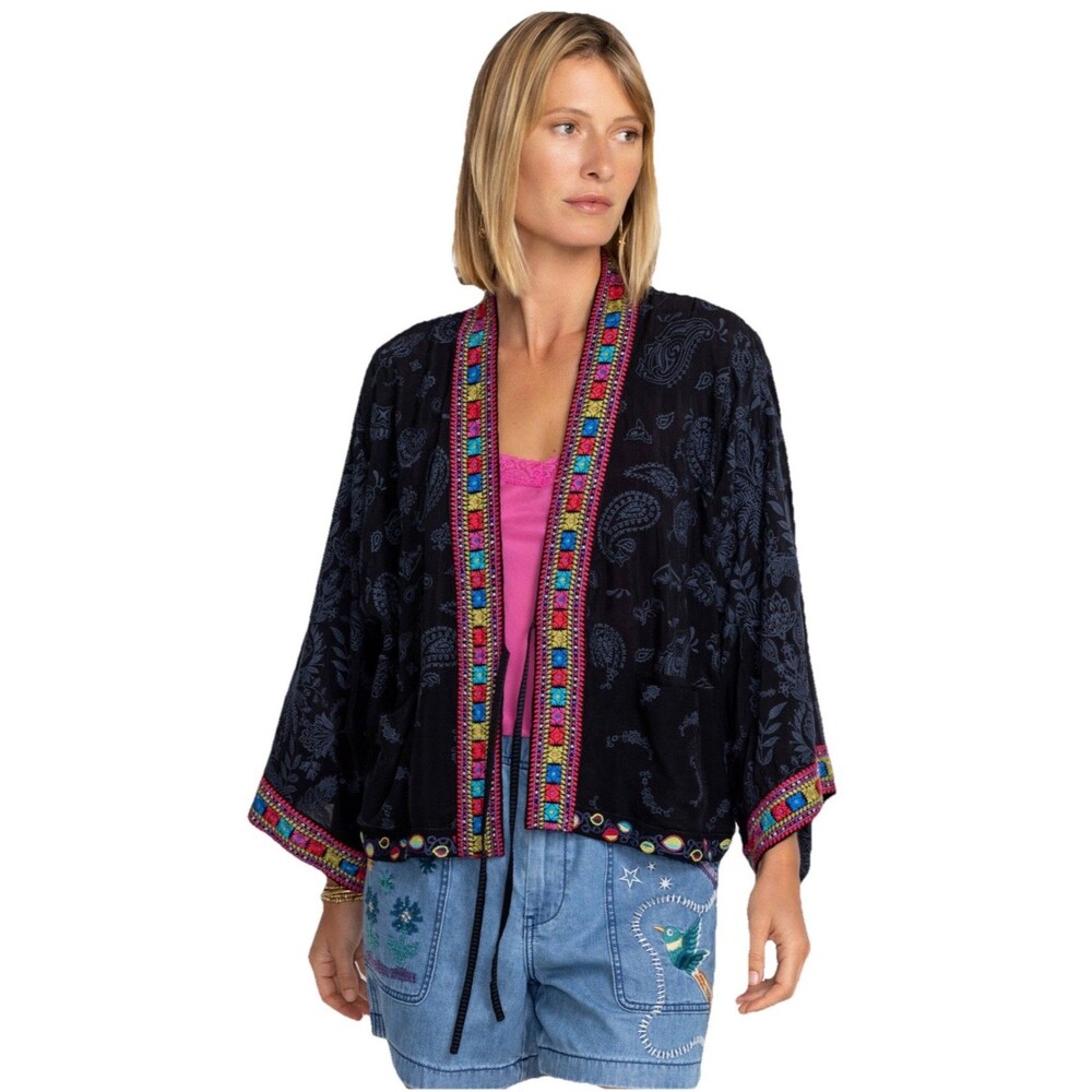 Johnny Was Star Danica Short Kimono Large Black Print Embroidered Jacket $388